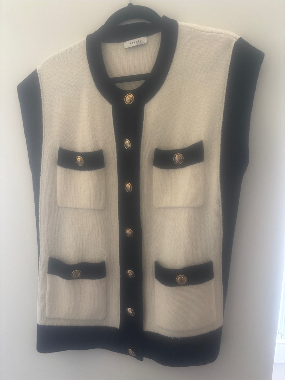 Sandro Cream Knit Vest with Black Trim and Gold Buttons